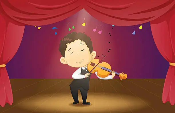 Vector illustration of cute boy playing violin on the stage