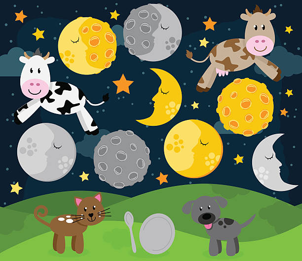 hej diddle diddle przedszkole rym krajobraz - cow moon nursery rhyme jumping stock illustrations