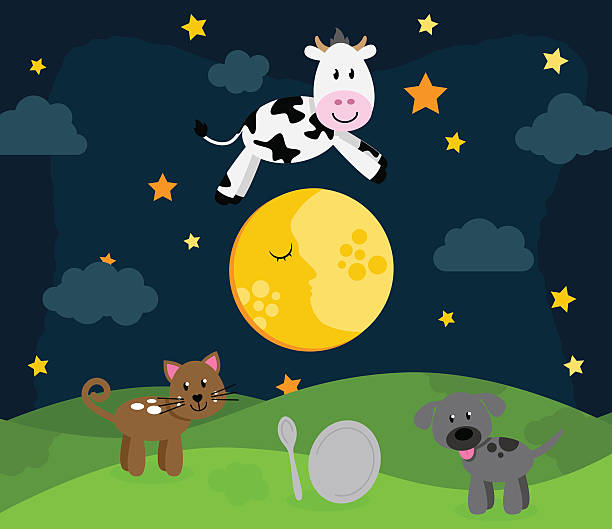 hej diddle diddle przedszkole rym krajobraz - cow moon nursery rhyme jumping stock illustrations