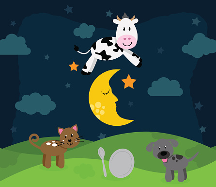 Hey Diddle Diddle Nursery Rhyme Landscape with Cow Jumping Over the Moon. 