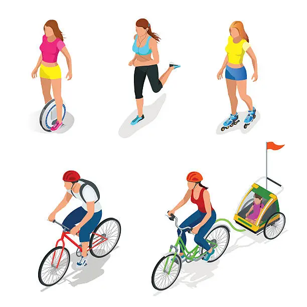 Vector illustration of Isometric Bicycle. Family Cyclists. Roller Skating girl.