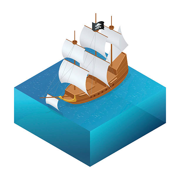 illustrations, cliparts, dessins animés et icônes de bateau pirate isométrique avec jolly roger sur l’eau. - isometric nautical vessel yacht sailboat
