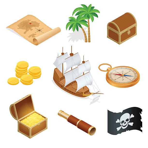 illustrations, cliparts, dessins animés et icônes de isométrique pirate accessoires icônes plates. collection avec coffre au trésor en bois - brigantine sailing ship old nautical vessel