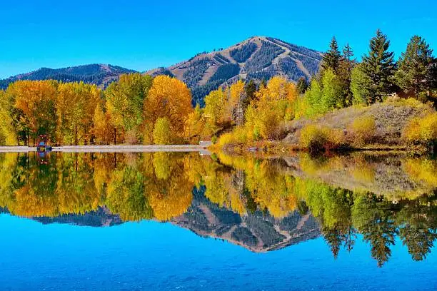 Fall Reflection of Bald Mountain and changing leaves in Sun Valley, Idaho