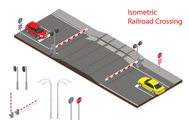 isometrischeeisenbahnüberquerung - railroad crossing train railroad track road sign stock-grafiken, -clipart, -cartoons und -symbole