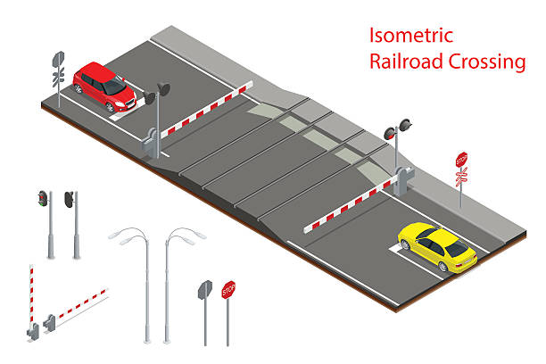 illustrations, cliparts, dessins animés et icônes de passage à niveau isométrique - railroad crossing train railroad track road sign