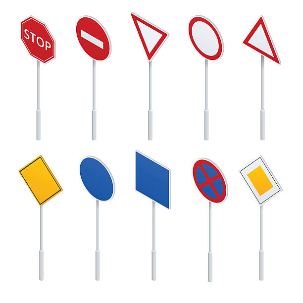 Isometric traffic signs collection European traffic signs collection. Signs of danger. Mandatory signs. Signs of obligations. Signs of alerts. red white blue bike stock illustrations