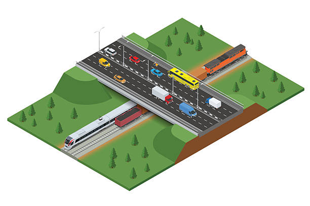 изометрическая железная дорога и трасса с движением - isometric road intersection land vehicle street stock illustrations