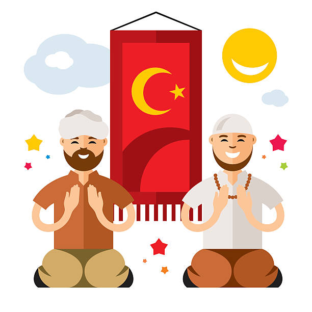 Vector Islam. Islamic Prayers. Flat style colorful Cartoon illustration. Two people sitting on the lap and raises his hands to heaven in prayer. Isolated on a white background i love allah in arabic silhouettes stock illustrations