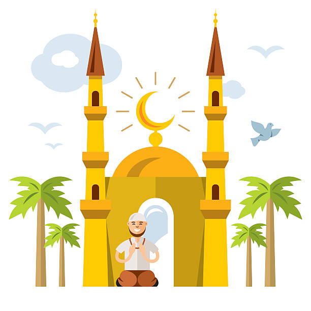 Vector Islamic Prayer. Flat style colorful Cartoon illustration. A man on his knees raises his hands to heaven in prayer. Isolated on a white background i love allah in arabic silhouettes stock illustrations