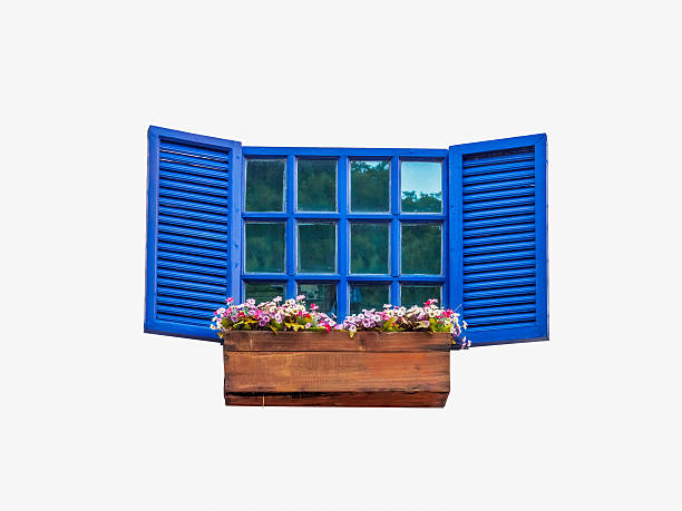istock blue window with a flower pot, isolated. 594490754