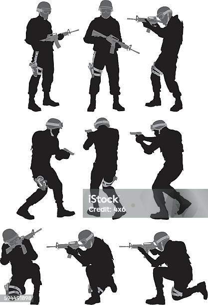 Army Man In Various Actions Stock Illustration - Download Image Now - Army Soldier, Armed Forces, In Silhouette