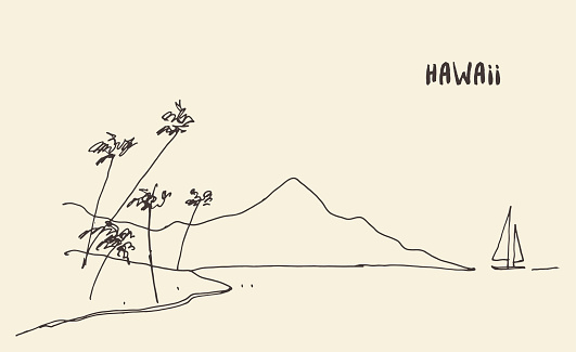 Sketch of a Hawaiian seaside view, vector illustration, hand drawn