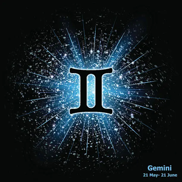 Vector illustration of Zodiac sign Gemini on cosmic explosion background.