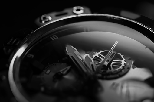 close up of wristwatch in monochrome