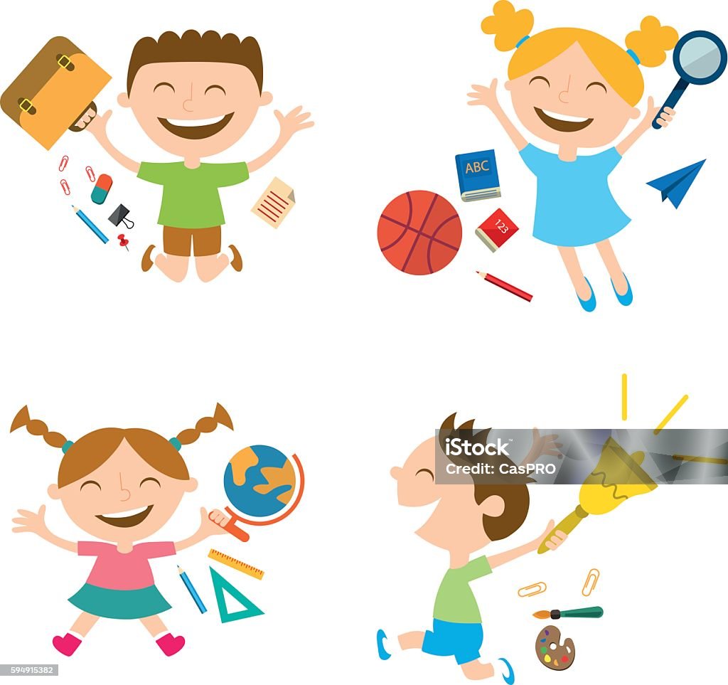 seal Set of happy schoolchildren with school accessories Alphabetical Order stock vector