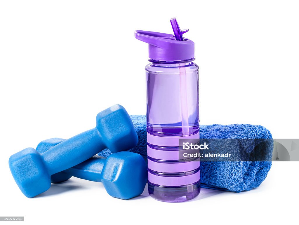 fitness dumbbell fitness dumbbells and water isolated on white background Water Bottle Stock Photo