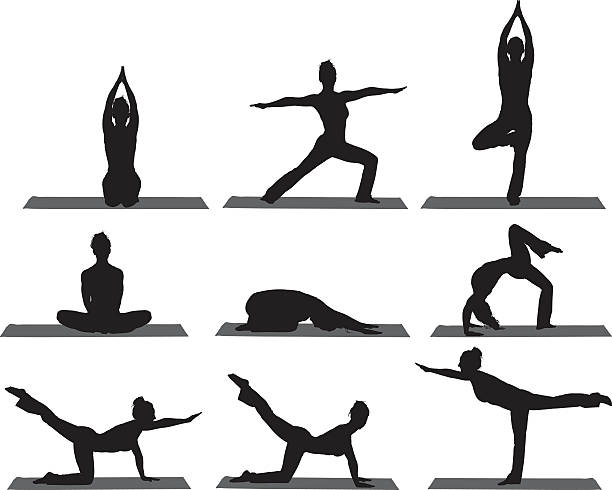 스포츠 여성 요가 - white background yoga exercising women stock illustrations