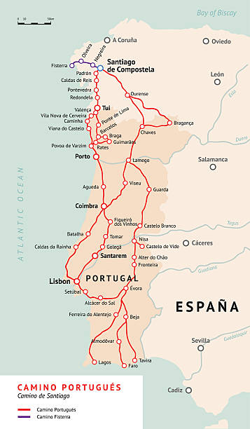 ilustraciones, imágenes clip art, dibujos animados e iconos de stock de camino portugues map. camino de santiago portugal - santiago de compostela