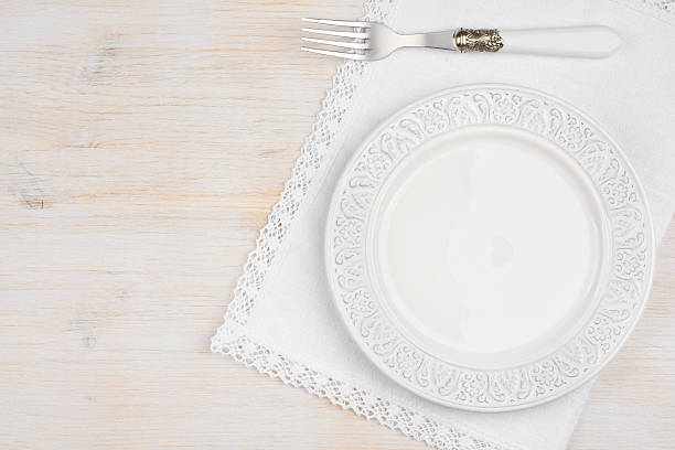 istock White ceramic plate with fork over placemat on wooden table 594919520