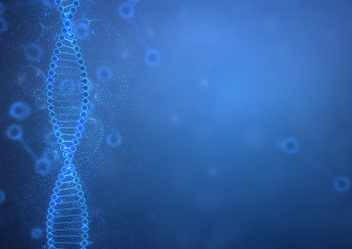 Computer generated image of human DNA strands on a blue background.