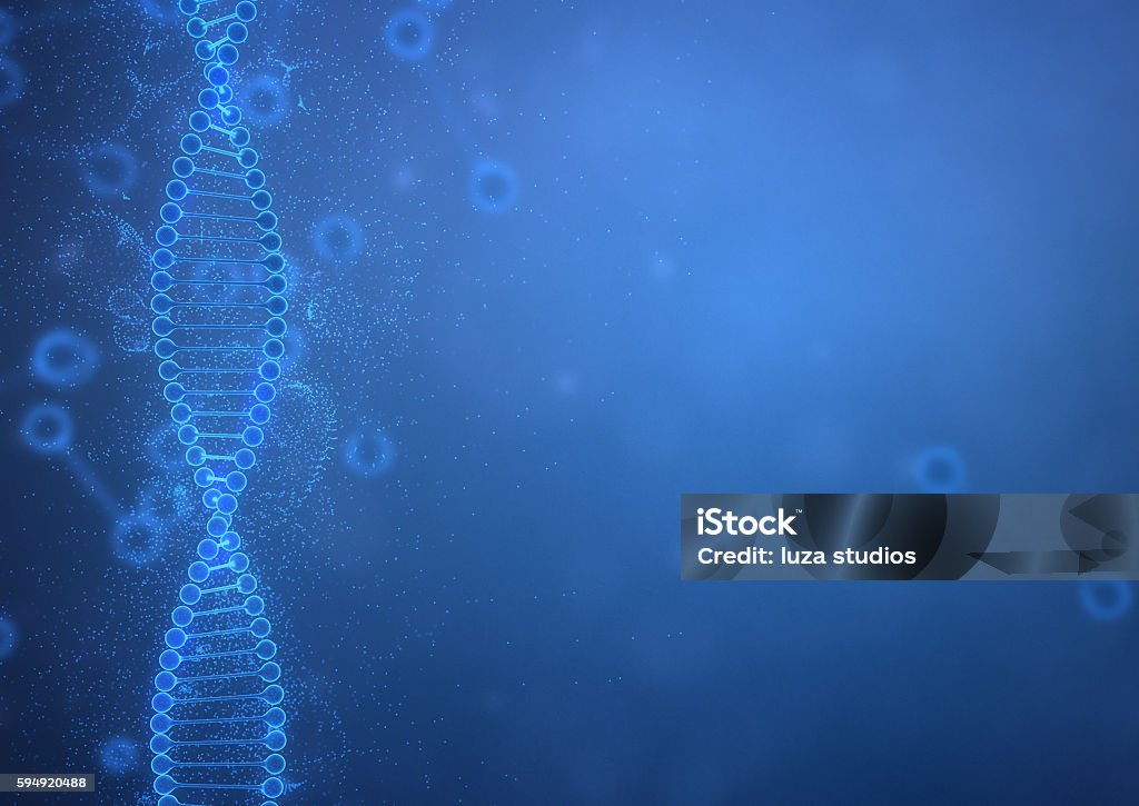 DNA String on Blue Background Computer generated image of human DNA strands on a blue background. Backgrounds Stock Photo