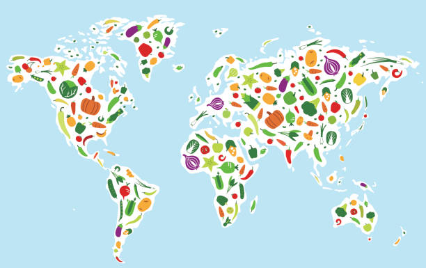 warzywa i ikony owoców na mapie świata - world cuisines stock illustrations