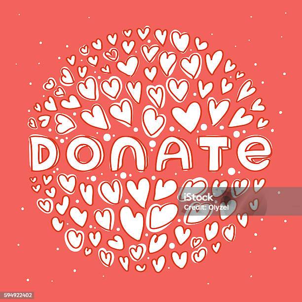 Donate White Lettering In Round Of Hearts On Red Backgrond Stock Illustration - Download Image Now