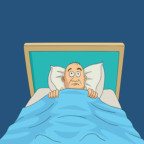 ilustraciones, imágenes clip art, dibujos animados e iconos de stock de hombre en la cama con los ojos bien abiertos de dibujos animados - wide awake