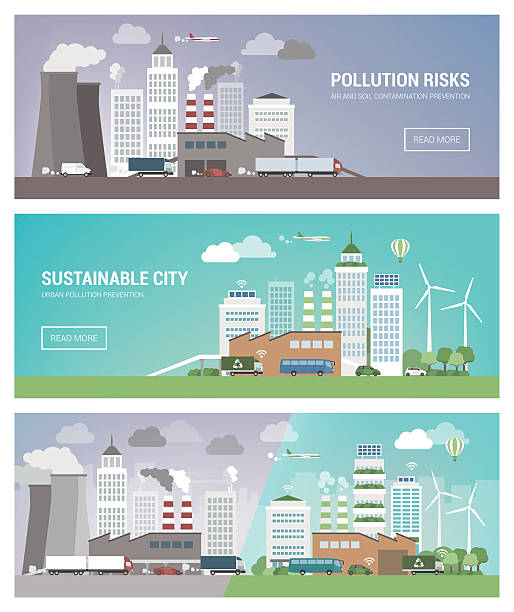 чистый и загрязненный город - загрязнение окружающей среды stock illustrations