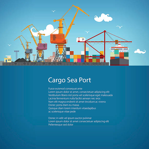 Cargo Seaport Poster Brochure Sea Port, Unloading of Cargo Containers from the Container Carrier, Cranes in Port Load Containers on the Container Ship or Unload, Poster Brochure Flyer Design, Vector Illustration Harbor stock illustrations