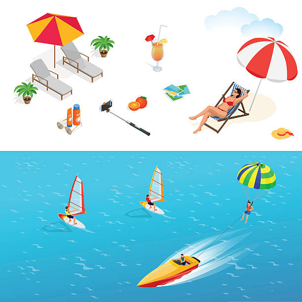 stockillustraties, clipart, cartoons en iconen met isometric design set summer holiday elements - wind surfen