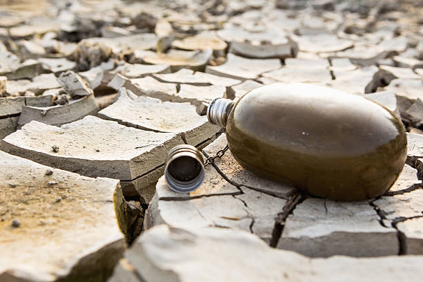 istock Military flask with water in the desert 594927866