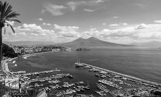 Naples landscape from Posillipo hill. Black and white. Italy