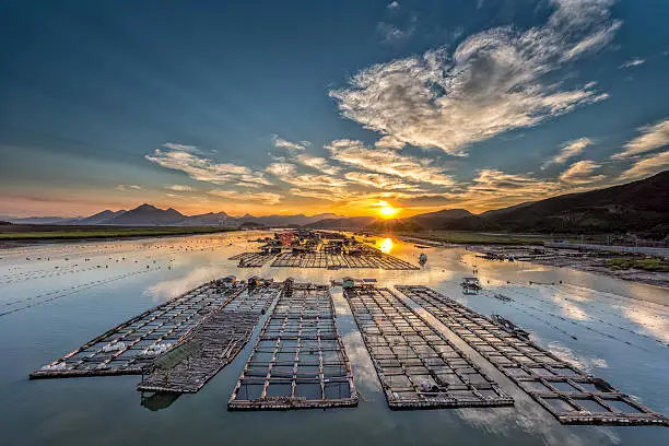 the beautiful huyuao village on the sea under the sunset light in the coastal intertidal zone of  Xiapu county of Fujian province.