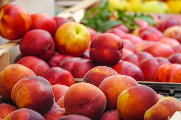 istock Fresh peaches on a fruit market - Peach sale 594929228