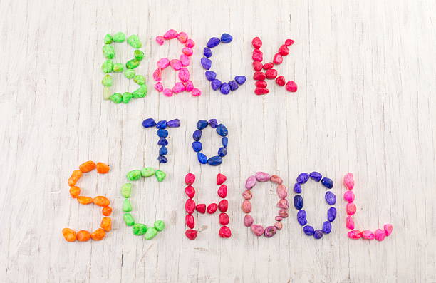 istock Back to school written with colorful stones 594929264