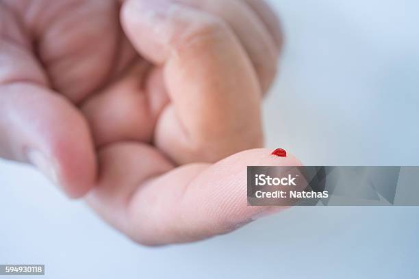 Male Finger With Blood Drop For Blood Testing Stock Photo - Download Image Now - Blood, Diabetes, Syringe