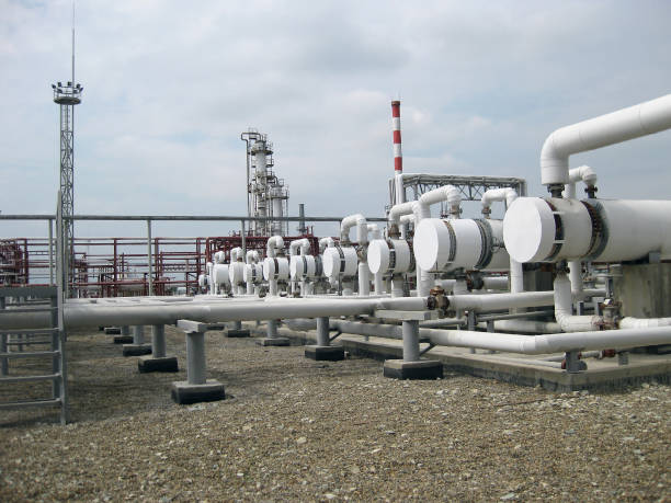 istock Heat exchangers in a refinery 594930356