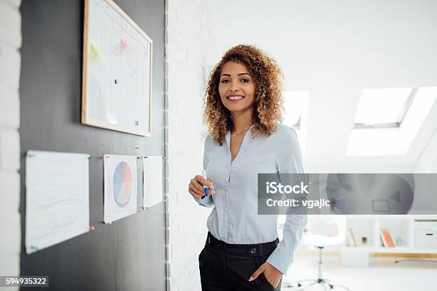 Latina Businesswoman Writing Schedule Stock Photo - Download Image Now - One Woman Only, Women, Business Person
