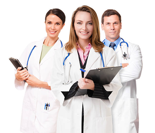 istock Doctor Nurse Holding Clipboard Tablet Computer isolated on White 594939152