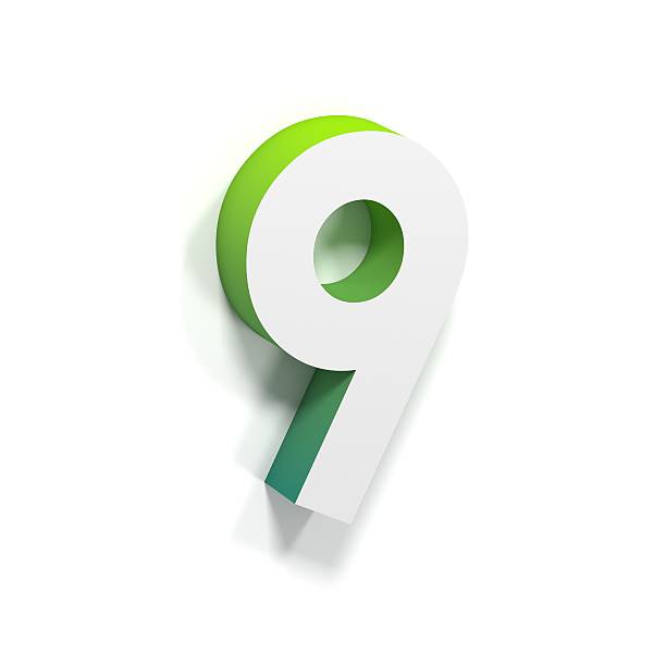 Green gradient and soft shadow number NINE - 9 Green gradient and soft shadow number NINE - 9. 3D render illustration isolated on white background ortogonal stock pictures, royalty-free photos & images