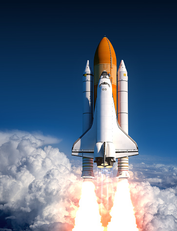 Space Shuttle Launch In The Clouds. 3D Illustration.