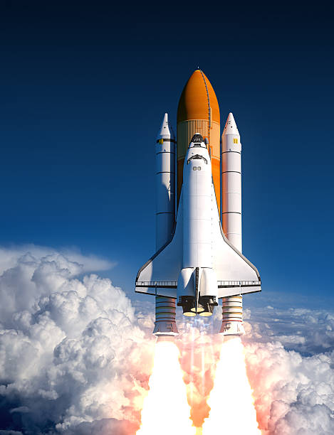 Space Shuttle Launch In The Clouds Space Shuttle Launch In The Clouds. 3D Illustration. space travel vehicle stock pictures, royalty-free photos & images