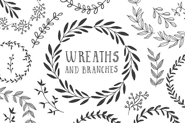 Wreaths and branches Wreaths and branches. Ink vector illustration. laurel wreath illustrations stock illustrations