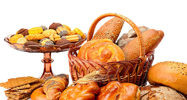 istock Collection of bread products isolated on white 594943526