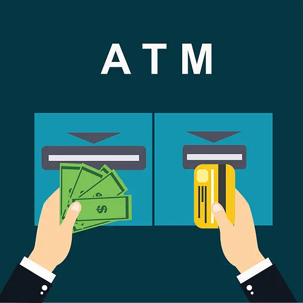 Vector illustration of ATM payment vector. ATM machine with hand and credit card.