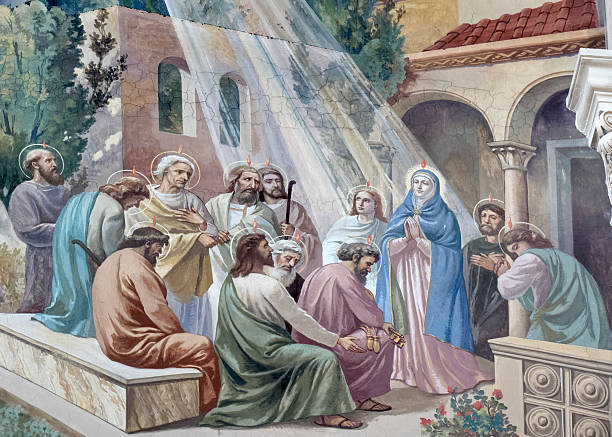 Pentecost Rome, Italy - August 6, 2016: chiesa di S. Maria Immacolata e S. Giovanni Berchmans. Fresco painted by Mario Prayer (1887-1959). He was an Italian painter, mainly of frescoes for churches or large halls. pentecost religious celebration photos stock pictures, royalty-free photos & images