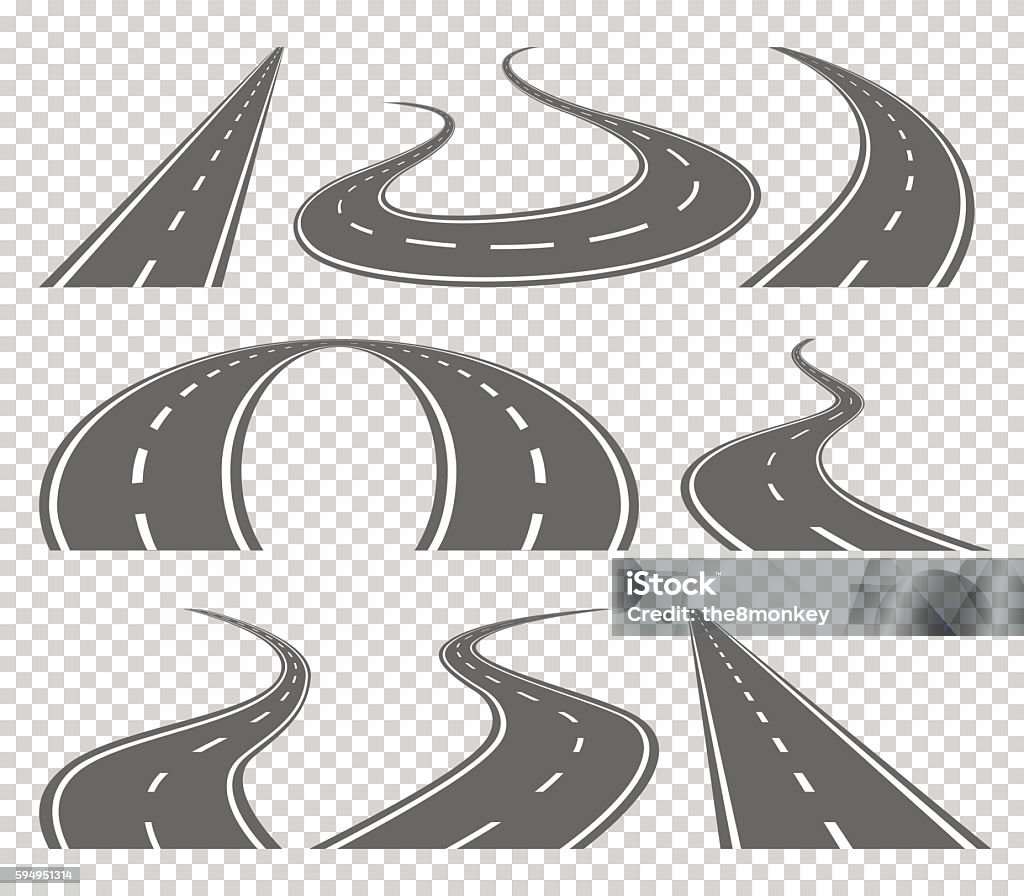 Kurvengekrümmte Straße oder Autobahn mit Markierungen. Richtung, Transportsatz - Lizenzfrei Straßenverkehr Vektorgrafik