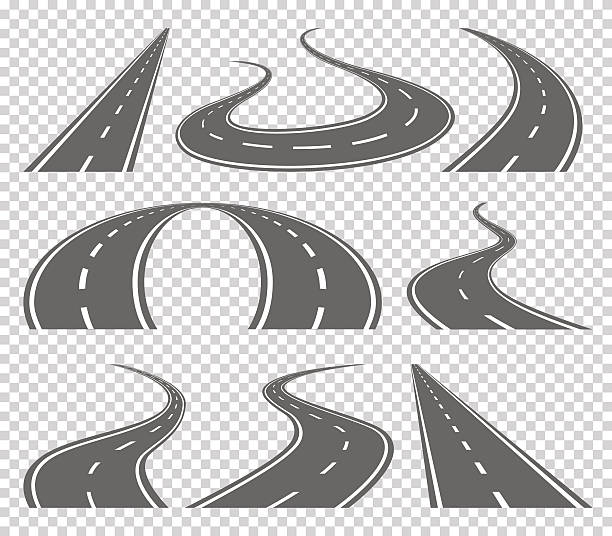 ilustraciones, imágenes clip art, dibujos animados e iconos de stock de carretera curva sinuosa o carretera con marcas. dirección, conjunto de transporte - marcar al adversario